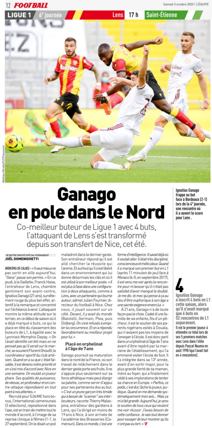 "Ganago en pole dans le Nord", article du journal L‘Equipe du 03/10/2020