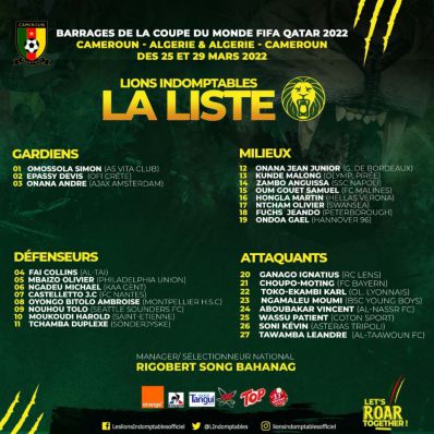ABOUBAKAR et GANAGO dans la liste des 27 Lions sélectionnés par Rigobert SONG contre l‘Algérie